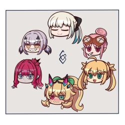 6+girls artoria_caster_(fate) artoria_pendragon_(fate) baobhan_sith_(fate) barghest_(fate) black_bow blonde_hair blue_eyes bow closed_eyes green_eyes grin habetrot_(fate) hair_between_eyes hair_bow highres long_hair lrl23wznet74220 melusine_(fate) morgan_le_fay_(fate) multiple_girls pink_eyes pink_hair ponytail simple_background smile twintails white_hair