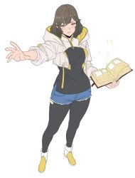 black_leggings black_shirt book cropped_hoodie denim denim_shorts final_fantasy final_fantasy_xiv green_eyes green_highlights hair_between_eyes hood hood_down hoodie jamjamstyle leggings leggings_under_shorts looking_at_viewer magic multicolored_hair open_book outstretched_hand serious shirt shoes shorts sphene_(ff14) white_background yellow_shoes zipper