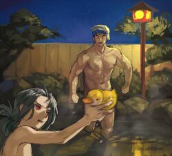 2boys black_hair blue_hair commentary_request completely_nude convenient_censoring fire_emblem fire_emblem:_radiant_dawn holding holding_toy ike_(fire_emblem) male_focus multiple_boys muscular muscular_male navel night nintendo nipples nude onsen outdoors pectorals picnicic red_eyes rubber_duck short_hair soren_(fire_emblem) towel towel_on_head toy