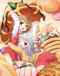 &gt;_&lt; 3girls :d :i arms_up blonde_hair blush brown_eyes brown_hair closed_eyes eating food fruit hidamari_sketch highres hug in_food long_hair looking_at_viewer macaron matsuri_(hidamari_sketch) mini_person minigirl miyako_(hidamari_sketch) multiple_girls one_eye_closed open_mouth oversized_object pie red_eyes school_uniform short_hair silver_hair skirt smile strawberry wink yume_no_owari yuno_(hidamari_sketch)