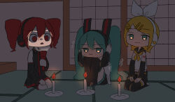 3girls :i aqua_eyes aqua_hair arm_tattoo bananafish1111 black_footwear black_shirt blonde_hair boots bow candle chibi closed_mouth covering_own_ears detached_sleeves flashlight hair_bow hatsune_miku headphones highres indoors kagamine_rin kasane_teto knees_up long_hair multiple_girls neckerchief nervous_sweating open_mouth plate red_eyes red_hair sailor_collar seiza shirt short_hair sitting sleeveless sleeveless_shirt sliding_doors smile sweat tatami tattoo thigh_boots twintails utau vocaloid white_shirt yellow_neckerchief