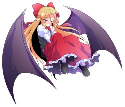 1girl alphes_(style) bat_wings black_shoes black_vest black_wings blonde_hair blush bow bowtie closed_mouth commentary_request dairi elis_(touhou) facial_mark flower frilled_skirt frills full_body hair_bow hair_flower hair_ornament loafers long_hair long_sleeves looking_at_viewer mark_under_eye open_clothes open_vest pantyhose parody pointy_ears purple_eyes red_bow red_bowtie red_flower red_skirt shirt shoes simple_background skirt solo star_(symbol) star_facial_mark style_parody sweatdrop tachi-e touhou touhou_(pc-98) transparent_background very_long_hair vest white_pantyhose white_shirt wings