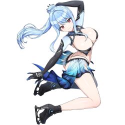 1girl ass bikini blue_hair breasts butt_crack cleavage closed_mouth dolphin_wave elbow_gloves game_cg gloves high_heels highres kneeling large_breasts long_hair looking_at_viewer navel nayuki_hiori non-web_source official_art ootomo_takuji ponytail red_eyes single_thighhigh skates smile solo swimsuit thighhighs transparent_background