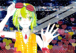Rule 34 | 1girl, 922pochan, adjusting eyewear, against glass, bare arms, bare shoulders, blonde hair, campanella (vocaloid), collared shirt, commentary request, dot nose, eyewear on head, green eyes, green streaks, gumi, hand on glass, heart, highres, light blush, masking tape (medium), mixed media, multicolored eyes, open hand, orange vest, red-tinted eyewear, shirt, short hair, sidelocks, sleeveless, sleeveless shirt, solo, song name, split mouth, star (sky), starry sky background, straight-on, sunglasses, swept bangs, tinted eyewear, traditional media, unconventional media, upper body, vest, vocaloid, white shirt, yellow eyes