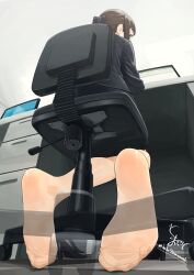 1girl absurdres black_bow black_jacket black_skirt bow brown_eyes brown_hair chair desk feet foot_focus from_below hair_bow highres jacket looking_at_viewer looking_back maburoku monitor no_shoes office_chair office_lady on_chair original signature sitting skirt soles solo swivel_chair tiptoes toe_seam toes twitter_username