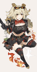 1girl absurdres bangboo_(zenless_zone_zero) black_shirt black_skirt black_thighhighs blonde_hair breasts burnice_white cleavage cleavage_cutout closed_mouth clothing_cutout eyewear_on_head highres holding_flame looking_at_viewer medium_breasts medium_hair red_eyes shirt skirt smile solo sunglasses thighhighs tongue twintails umiinu_(umi_inu11) zenless_zone_zero