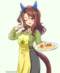Rule 34 | 1girl, animal ears, apron, blush, breasts, brown hair, casual, collarbone, commentary request, food, hair ornament, highres, horse girl, housewife, king halo (umamusume), long hair, looking at viewer, medium breasts, omelet, omurice, one eye closed, open mouth, plate, red eyes, seki (hyokosho), simple background, solo, umamusume