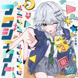 1girl :p ai_ai_gasa album_cover album_name alternate_costume bag black_nails blue_bag blue_jacket blush bow braid collared_shirt commentary_request contemporary cool&amp;create cover drinking_straw fingernails green_bow grey_hair grey_skirt hair_bow hamafugu holding_juice_box izayoi_sakuya jacket jewelry knife_hair_ornament long_fingernails long_hair long_sleeves looking_at_viewer necklace one_eye_closed open_clothes open_jacket pendant pleated_skirt school_bag school_uniform shirt sitting skirt solo star_(symbol) tongue tongue_out touhou translation_request twin_braids v white_shirt