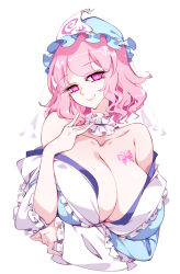 1girl bare_shoulders blue_kimono breasts bug butterfly cleavage frilled_kimono frills hat highres insect japanese_clothes kimono large_breasts mob_cap pink_eyes pink_hair raptor7 saigyouji_yuyuko short_hair simple_background smile solo touhou triangular_headpiece white_background