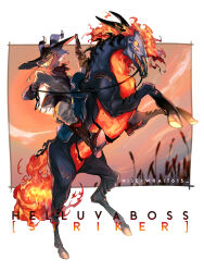 1boy absurdres bombproof_(helluva_boss) boots colored_skin cowboy cowboy_boots cowboy_hat cowboy_western demon_boy demon_horns demon_tail evil_grin evil_smile fire grin gun hat helluva_boss highres holding holding_gun holding_weapon horns horse male_focus red_skin sharp_teeth smile solo striker_(helluva_boss) tail teeth weapon western wraith615