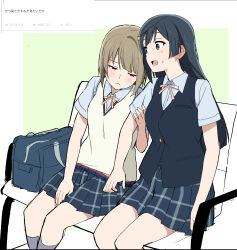 Rule 34 | 2girls, absurdres, artistic error, bag, black hair, black vest, blue bag, blue shirt, blunt sidelocks, blush, border, breasts, brown hair, collared shirt, dress shirt, feet out of frame, frown, green background, grey eyes, grey skirt, grey socks, half-closed eyes, highres, long hair, love live!, love live! nijigasaki high school idol club, mamei (imame1997), medium breasts, miniskirt, multiple girls, nakasu kasumi, neck ribbon, nijigasaki school uniform, odaibako, on bench, outside border, pink ribbon, plaid clothes, plaid skirt, pleated skirt, red eyes, request inset, ribbon, school bag, school uniform, shirt, short hair, sidelocks, simple background, sitting, skirt, socks, summer uniform, sweater vest, translation request, vest, white border, yellow sweater vest, yuki setsuna, yuri