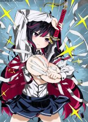 1girl ahoge between_breasts breasts clothes_lift colorized exploding_clothes highres junior_high_school_dxd large_breasts long_hair miffology miniskirt miyamoto_zeka multicolored_hair official_art panties purple_eyes purple_hair purple_panties school_uniform skirt skirt_lift solo sword sword_between_breasts third-party_edit underwear very_long_hair weapon