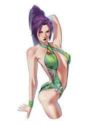 1girl absurdres alternate_costume ass backless_swimsuit blue_hair breasts cleavage curvy green_lips green_one-piece_swimsuit highleg highleg_one-piece_swimsuit highres large_breasts long_hair looking_at_viewer marvel marvel_rivals nsfwpork official_alternate_costume one-piece_swimsuit ponytail psylocke psylocke_(breezy_butterfly) purple_hair shiny_skin solo swimsuit two-tone_swimsuit wide_hips x-men
