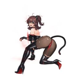 1girl ahoge animal_ear_headphones animal_ears ass back belt belt_collar black_belt black_boots black_collar black_gloves black_leotard boots bracelet breasts broken_headphones brown_hair brown_pantyhose cat_ear_headphones cat_tail collar convenient_censoring defeat fake_animal_ears fake_tail from_behind full_body gloves green_eyes hand_on_ground headphones high_heel_boots high_heels high_ponytail highres injury jewelry laser last_origin latex latex_boots latex_leotard leotard long_sleeves looking_at_viewer looking_back lower_teeth_only median_furrow medium_breasts medium_hair messy_hair official_alternate_costume official_art on_one_knee pantyhose ponytail shaded_face shoulder_blades sidelocks simple_background skindentation solo tachi-e tail tearing_up teeth thick_thighs thigh_boots thighs third-party_source tomo_(last_origin) torn_boots torn_clothes torn_leotard torn_pantyhose transparent_background tunamayo_(dsasd751) wavy_mouth