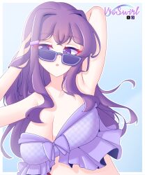 Rule 34 | 1girl, :o, absurdres, arms behind head, artist name, bikini, bra, breasts, doki doki literature club, highres, long hair, looking to the side, medium breasts, open mouth, purple bikini, purple eyes, purple hair, purple ribbon, ribbon, signature, simple background, strapless, strapless bikini, strapless bra, sunglasses, swimsuit, underwear, vioswirl, yuri (doki doki literature club)