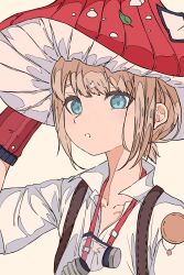 1boy :o absurdres blonde_hair blue_eyes ezra_theodore gloves hand_on_headwear hand_up hat highres looking_at_viewer male_focus mask mask_around_neck mushroom_hat oxygen_mask red_gloves red_hat reverse:1999 shirt short_hair solo upper_body white_shirt xiao_jin_caoooooooi yellow_background