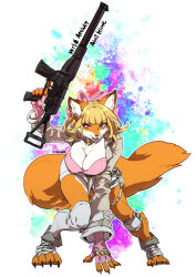 1girl akai_hime_(wild_assault) animal_ears artist_name blonde_hair body_fur bow breasts character_name cleavage copyright_name fingerless_gloves folding_stock fox_ears fox_girl fox_tail furry furry_female gloves gun hair_bow heterochromia holding holding_gun holding_weapon jacket long_sleeves looking_at_viewer medium_hair paint_splatter pink_eyes shirt shorts solo tail teko_(tawake) thigh_strap weapon wild_assault