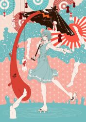 1girl :p blue_eyes blue_hair cloud commentary_request fine_art_parody full_body geta heterochromia highres holding holding_umbrella looking_at_viewer nihonga parody red_eyes ripples short_hair skirt solo standing standing_on_one_leg sunburst surreal tatara_kogasa teruterubouzu tongue tongue_out touhou umbrella water yamada_satoshi