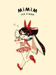 +_+ 1girl 2017 alternate_costume ass black_hair callie_(splatoon) casual closed_mouth domino_mask dress earrings english_text female_focus food hair_ribbon hairband heart high_heels highres holding ice_cream ice_cream_cone jewelry lace lace_panties licking_lips long_hair looking_at_viewer mask mole mole_under_eye nintendo one_eye_closed panties pantyshot pointy_ears purple_eyes ribbon running seto_(asils) shirt sleeveless sleeveless_dress solo splatoon_(series) splatoon_1 standing striped_clothes striped_dress tan_background tentacle_hair tongue tongue_out underwear upper_body white_background white_shirt wink