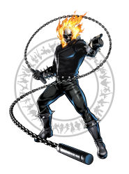 1boy absurdres capcom chain fire ghost_rider highres looking_at_viewer male_focus marvel marvel_vs._capcom mori_toshiaki official_art pointing skull solo ultimate_marvel_vs_capcom_3
