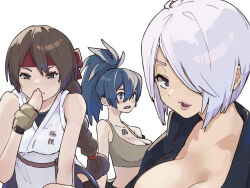 Rule 34 | 3girls, angel (kof), blue eyes, blue hair, braid, brown eyes, brown hair, dog tags, dougi, fingerless gloves, gloves, hair over one eye, headband, karate gi, leona heidern, lips, multiple girls, ooiwa (irc14786149), ponytail, red headband, ryuuko no ken, single braid, snk, the king of fighters, white hair, yuri sakazaki