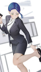 1girl black_jacket black_shoes blue_hair c-eye collared_shirt commentary formal_clothes high_heels highres id_card jacket leg_up long_sleeves looking_down mole mole_under_eye o3o office_lady original pumps shirt shoes skirt skirt_suit solo suit symbol-only_commentary white_shirt yellow_eyes