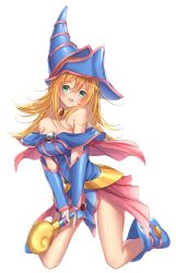 1girl bare_shoulders blonde_hair blue_boots blue_dress blush boots breasts cane collarbone dark_magician_girl detached_collar dress duel_monster green_eyes hair_between_eyes hat highres holding holding_cane kneeling large_breasts long_hair looking_at_viewer open_mouth simple_background smile solo thighs tsukichan_(maynyan23) white_background witch witch_hat yu-gi-oh!
