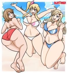 3girls absurdres alternate_universe ass back bare_shoulders barefoot beach bikini blonde_hair blue_eyes breasts brown_eyes brown_hair cleavage_cutout clothing_cutout crossover eden&#039;s_zero elie fairy_tail happy heroes highres huge_ass huge_breasts jumping large_breasts long_hair looking_at_viewer looking_back lucy_heartfilia midriff multiple_girls navel official_alternate_costume orange_eyes rave_(manga) rebecca_bluegarden short_hair smile swimsuit tagme teeth thick_thighs thighs wide_hips