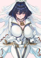 Rule 34 | 1girl, artist request, blue hair, breasts, bridal veil, dress, fate/extra, fate (series), heart, heart-shaped pupils, highres, hololive, hololive english, large breasts, nero claudius (bride) (fate), nero claudius (fate), ouro kronii, short hair, solo, symbol-shaped pupils, tagme, veil, virtual youtuber, wedding dress, zipper