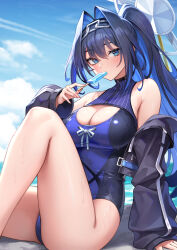1girl arm_support beach black_jacket blue_eyes blue_hair blue_one-piece_swimsuit blurry blurry_background breasts chain chain_headband cleavage_cutout clothing_cutout cloud colored_inner_hair commentary cropped_jacket day eating english_commentary food food_in_mouth hair_intakes halo hand_up high_ponytail highres holding holding_food holding_popsicle hololive hololive_english holonatsu_paradise jacket knee_up large_breasts long_hair looking_at_viewer mechanical_halo mouth_hold multicolored_hair off_shoulder official_alternate_costume one-piece_swimsuit oopartz_yang ouro_kronii ouro_kronii_(holonatsu_paradise) outdoors ponytail popsicle popsicle_in_mouth sitting solo swimsuit very_long_hair virtual_youtuber