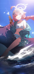 1girl absurdres ahoge beads bikini blue_archive blue_eyes eyewear_on_head green_jacket hair_beads hair_ornament halo hayate_(1034853996) heterochromia highres holding holding_water_gun hoshino_(blue_archive) hoshino_(swimsuit)_(blue_archive) jacket looking_at_viewer navel official_alternate_costume official_alternate_hairstyle open_clothes open_jacket orange_eyes pink_hair single_bare_shoulder solo sparkle swimsuit twintails water_gun white_bikini