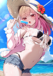 1girl absurdres akuame_(ring3922) beach bikini bikini_under_shorts black_bikini blush breasts cowboy_shot cropped_shirt cutoffs day food gradient_hair hat highres hololive ichijou_ririka jacket large_breasts long_hair looking_at_viewer micro_shorts multicolored_hair navel open_clothes open_fly open_jacket open_mouth orange_eyes orange_hair outdoors pink_hair popsicle see-through_clothes see-through_shirt shirt shorts solo sun_hat swimsuit virtual_youtuber
