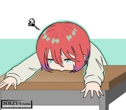 1girl amate_yuzuriha green_background green_eyes gundam gundam_gquuuuuux on_table red_hair short_hair simple_background soezy solo table upper_body watermark white_background