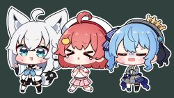 &gt;_&lt; 3girls :3 ahoge animal_ear_fluff animal_ears asymmetrical_legwear black_shorts black_thighhighs blue_eyes blue_hair blue_neckerchief blue_ribbon blue_socks blush braid cat_hair_ornament chibi chibi_only commentary_request crossed_arms dohoon dress fox_ears fox_girl fox_tail full_body furrowed_brow green_background grey_dress grey_sailor_collar hair_ornament hair_ribbon hand_up hands_on_own_chest hat highres hololive hoshimachi_suisei hoshimachi_suisei_(1st_costume) long_sleeves multiple_girls neckerchief open_mouth outline outstretched_arm pink_shoes pink_skirt plaid_clothes plaid_skirt pleated_skirt pointing red_hair ribbon sailor_collar sakura_miko school_uniform serafuku shirakami_fubuki shirakami_fubuki_(1st_costume) shirt shoes short_hair short_sleeves shorts simple_background single_braid single_sock single_thighhigh skirt socks standing sweat tail tears thighhighs turn_pale uneven_legwear v-shaped_eyebrows virtual_youtuber wavy_mouth white_hair white_hat white_outline white_shirt white_thighhighs