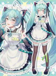 1girl :3 =_= absurdres ahoge alternate_costume ankle_bow ankle_ribbon apron aqua_eyes aqua_hair aqua_nails ascot black_boots black_thighhighs blue_ascot boots bow closed_eyes closed_mouth detached_sleeves dress frilled_apron frilled_dress frilled_hairband frilled_sleeves frilled_thighhighs frills full_body hair_between_eyes hairband hatsune_miku highres long_hair long_sleeves looking_at_viewer maid maid_apron maid_day maid_headdress miviy19 ribbon standing thighhighs twintails vocaloid waist_apron white_apron zettai_ryouiki