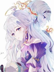 Rule 34 | 2girls, aqua eyes, black hairband, black jacket, black ribbon, blue pupils, braid, choker, collar, dress, earrings, face jewel, fiery hair, fire, firefly (honkai: star rail), gloves, grey hair, hair between eyes, hair intakes, hair ornament, hairband, halo, head wings, highres, honkai: star rail, honkai (series), jacket, jewel under eye, jewelry, long hair, multicolored eyes, multiple girls, open mouth, purple choker, purple collar, purple dress, purple hair, purple sleeves, qingsi, ribbon, robin (honkai: star rail), short sleeves, simple background, strapless, strapless dress, two-tone dress, two-tone eyes, white background, white gloves, white wings, wings, yellow halo