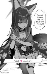 Rule 34 | 1girl, absurdres, animal ear fluff, animal ears, blue archive, blush, bound, bound wrists, breasts, cleavage, clover dot (clov erd), cuffs, english text, fang, fox ears, fox girl, fox tail, greyscale, halo, handcuffs, hands up, highres, large breasts, long hair, looking at viewer, monochrome, nose blush, open mouth, single thighhigh, sitting, skin fang, smile, solo, speech bubble, tail, thighhighs, torn clothes, torn thighhighs, wakamo (blue archive)