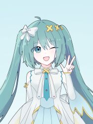 Rule 34 | 1girl, ahoge, aqua background, aqua eyes, aqua hair, aqua nails, aqua necktie, blush, bow, commentary, dress, edxx7875, hair bow, hair ornament, hatsune miku, hello sekai (vocaloid), hiramado miku, long hair, long sleeves, necktie, official alternate costume, official alternate hairstyle, open mouth, pleated skirt, project sekai, simple background, skirt, sleeveless, sleeveless dress, sleeves past wrists, smile, solo, twintails, variant set, very long hair, vocaloid, white bow, x hair ornament