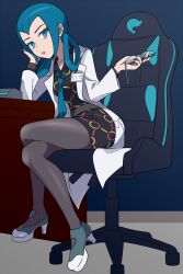 1girl asatsuki_(fgfff) black_pantyhose blue_eyes chair coat crossed_legs hair_rings highres holding holding_removed_eyewear looking_at_viewer mable_(pokemon) nintendo open_clothes open_coat pantyhose pokemon pokemon_legends:_z-a sitting solo unworn_eyewear white_coat
