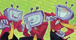 1boy ant_tenna black_pants blush commentary cowboy_shot deltarune english_commentary fangs gloves highres jacket male_focus multiple_views necktie object_head open_mouth pants pointy_nose smile starridge sweat tailcoat teeth white_gloves yellow_necktie