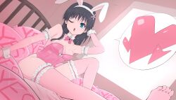 1girl animal_ears bare_shoulders black_hair blue_eyes blush breasts cleavage detached_collar elbow_gloves flower frilled_sleeves frilled_thighhighs frills gloves hair_flower hair_ornament heart highleg highleg_leotard highres leotard long_hair looking_at_viewer medium_breasts musaki_(msaki666) on_bed one_eye_closed playboy_bunny rabbit_ears saten_ruiko spoken_heart thighhighs toaru_kagaku_no_railgun toaru_majutsu_no_index toes