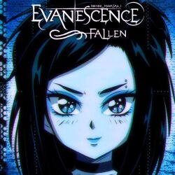 1990s_(style) 1girl album_cover album_name animification black_hair blue_eyes blue_theme brenni_murasaki closed_mouth cover emo_fashion evanescence eyebrow_piercing face_piercing fallen_(evanescence) hair_between_eyes highres long_hair looking_at_viewer piercing retro_artstyle shirt solo