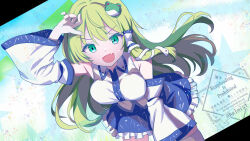 1girl :d bare_shoulders blue_skirt breasts collared_shirt detached_sleeves dot_nose double-parted_bangs facing_viewer fang frilled_skirt frills frog_hair_ornament green_eyes green_hair hair_intakes hair_ornament hair_tubes halmist highres kochiya_sanae large_breasts leaning_forward long_hair long_sleeves looking_at_viewer open_mouth patterned_clothing print_skirt shirt single_hair_tube single_sidelock skirt skirt_set sleeve_ribbon sleeveless sleeveless_shirt smile snake_hair_ornament solo sweatdrop touhou upper_body watermark wide_sleeves