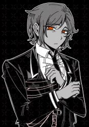 1girl black_background black_coat black_necktie closed_mouth coat collared_shirt dark-skinned_female dark_skin highres limbus_company looking_at_viewer necktie orange_eyes outis_(project_moon) partially_colored project_moon ribs shirt short_hair simple_background solo upper_body white_shirt wohaoxuanku x-ray_film