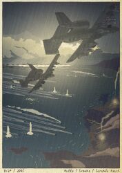 a-10_thunderbolt_ii ace_combat ace_combat_04 aircraft airplane battle battleship border check_commentary commentary_request day english_text fighter_jet fine_art_parody flying highres military military_vehicle nihonga no_humans ocean parody rain ship ukiyo-e vehicle_focus warship watercraft yuukou