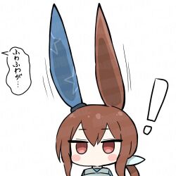 ! 1girl admire_vega_(umamusume) animal_ears blush_stickers brown_hair chibi comically_large_ears commentary_request ear_covers highres horse_ears horse_girl jitome nopuran_(maxtutya_oisii) portrait red_eyes single_ear_cover solo speech_bubble translation_request umamusume