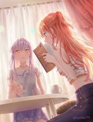 2girls absurdres bang_dream! blonde_hair blue_pants blush brown_hair choker commentary_request crop_top curtains earrings grey_hair half_updo highres imai_lisa indoors jewelry light_particles long_hair minato_yukina multiple_girls open_mouth pants shih_lion shirt short_sleeves sidelocks sleeveless sleeveless_shirt white_shirt