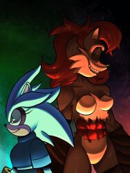 2girls closed_eyes genderswap genderswap_(mtf) gloves highres im_lazy_sheck_lol multiple_girls opposing_sides red_hair sally.alt_(sonic.exe) sally_acorn sewing sharp_teeth short_hair silver_the_hedgehog silver_the_hedgehog_(sonic:_execution) size_difference smile sonic.exe sonic:_execution_(comic) sonic_(series) tall_female teeth visible_muscle
