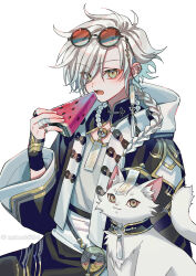 Rule 34 | 1boy, absurdres, bandaged fingers, bandages, black jacket, black pants, blush, braid, cat, chinese clothes, commentary, eyewear on head, food, fruit, green eyes, hat, highres, holding, holding food, jacket, jewelry, letterboxed, long hair, looking at viewer, male focus, multiple rings, open mouth, original, pants, qingdai guanmao, red-tinted eyewear, ring, shirt, simple background, sunglasses, suzaku (zaku6584), talisman, tinted eyewear, twitter username, watermelon, watermelon slice, white background, white hair, white shirt