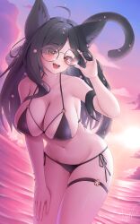 1girl absurdres adjusting_eyewear animal_ear_fluff animal_ears bikini black_bikini black_hair breasts brown_eyes cat_ears cat_girl cleavage cloud diamond-shaped_pupils diamond_(shape) flower glasses hair_flower hair_ornament hand_on_own_thigh highres large_breasts leaning_forward long_hair mooon_(pixiv_41805161) navel ocean original pink_flower round_eyewear side-tie_bikini_bottom signature solo sunset swimsuit symbol-shaped_pupils thigh_strap thighs